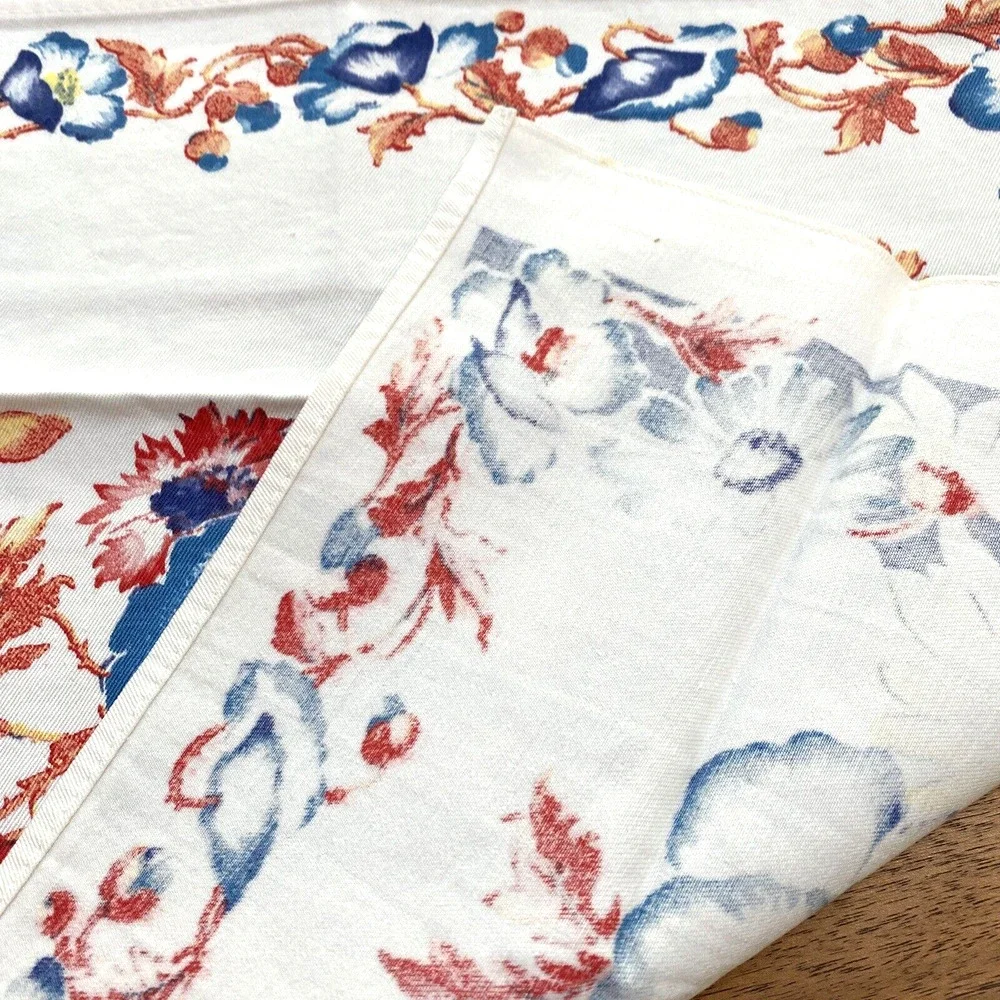 Vintage Cotton Tea Towel Printed Kitchen Cloth White Blue Red Floral Cottage